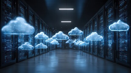 Abstract Cloud Computing Digital Visualization within a Server Room with Blue Neon Lighting