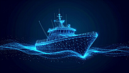 3D wireframe yacht with glowing effects