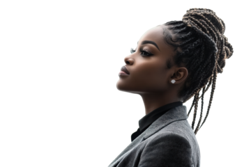 Woman with braids looking upward in light
