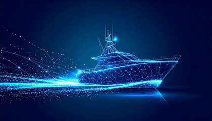 3D wireframe yacht with glowing effects