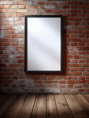 Vertical blank poster frame on rustic red brick wall with wooden floor background for modern interior design, advertising, and art display mockup
