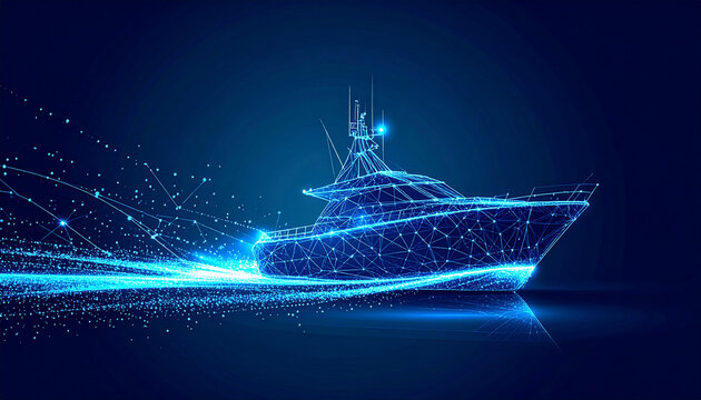 3D wireframe yacht with glowing effects