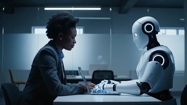 woman and robot sit across table in office. businesswoman types on laptop. meeting frames interaction between robot and woman. laptop sits between woman and robot. technology underlines future use.