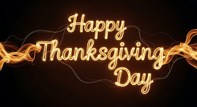 Happy Thanksgiving Day glowing text with golden light effects on a dark background.