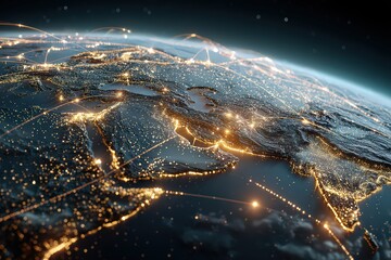 Illuminated City Lights View From Space Over Earth Surface With Connection Lines