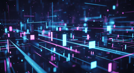 Abstract technology background with glowing neon lines and cubes, creating a futuristic, digital cityscape with a sense of depth and interconnectedness.