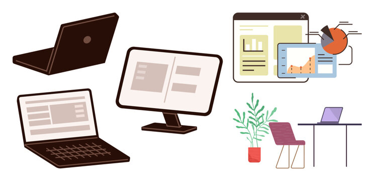 Laptops, computer screen, data analytics on tablet, charts, workspace setup with plant and furniture. Ideal for productivity, technology, remote work, collaboration business data analysis modern