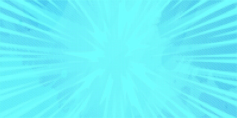 Anime explosion background with radial lines - dynamic starburst with speed motion effect. Blue and white halftone pattern for superhero action in manga comic book style. Stylized decorative bg.
