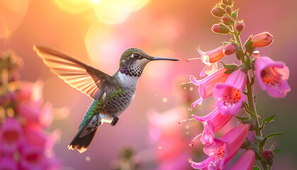 Fototapeta premium Hummingbird hovering near pink flowers in sunlight