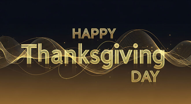 Happy Thanksgiving Day golden text with elegant wavy lines.