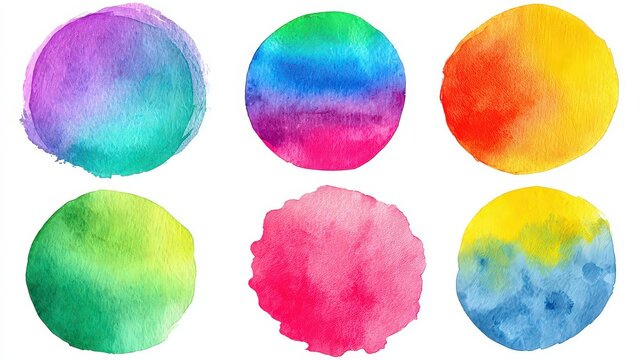Six Colorful Watercolor Circles on White Background Creating an Artistic Design