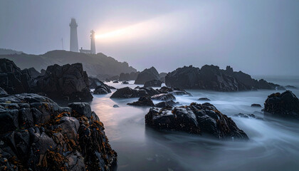 Lighthouse illuminating rocky coastline in foggy weather
