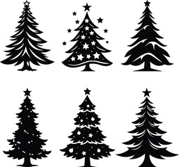Set of 6 Christmas Tree Silhouette Vector Illustrations