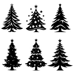 Set of 6 Christmas Tree Silhouette Vector Illustrations
