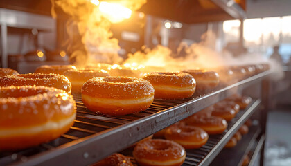 Freshly made donuts on a cooling rack