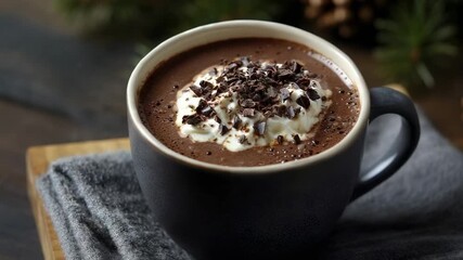 A dark mug of rich hot chocolate topped with whipped cream and chocolate shavings on a gray cloth - Powered by Adobe