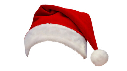 Classic Red Santa Hat Three-Quarter View Isolated on Transparent Background PNG, Realistic Fluffy Christmas Cap