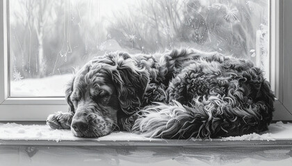 Dog sleeping on a windowsill with snow outside