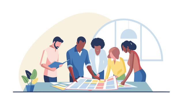 Diverse group of colleagues collaborating on a project plan around a table with documents and color swatches