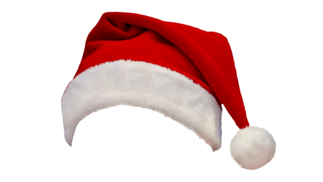 Classic Red Santa Hat Three-Quarter View Isolated on Transparent Background PNG, Realistic Fluffy Christmas Cap