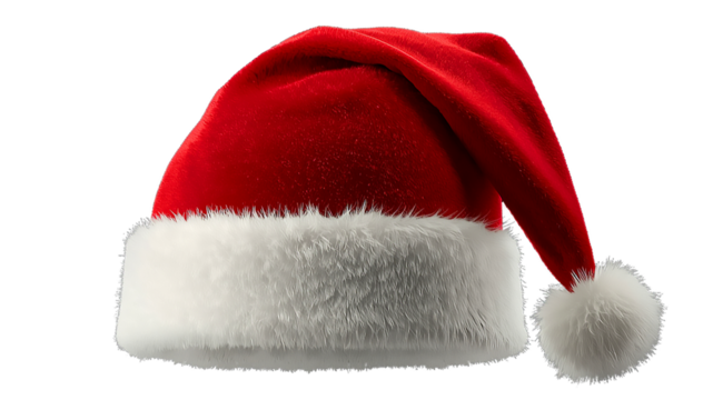 Folded Red Velvet Santa Hat Isolated on Transparent Background | Cozy Christmas Cap with Soft White Fur Trim