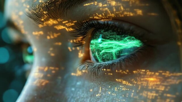 close-up of an eye with a glowing green digital iris, surrounded by flowing golden data. Symbolizes AI, cybersecurity, and the future of human-machine interaction. Ideal for tech blogs, sci-fi art