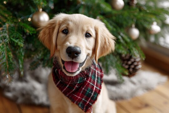Joyful golden retriever puppy wearing a festive scarf by the Christmas tree - Powered by Adobe