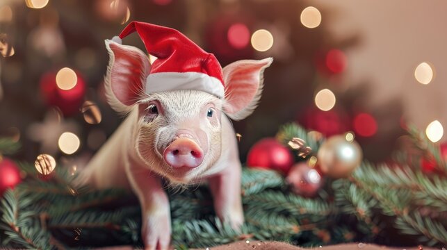 Cute piglet in a Christmas hat on the background of a garland. New Year card.
