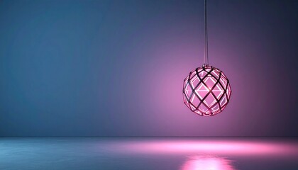 Spherical pendant light with geometric lattice design glowing pink, suspended in blue gradient interior.