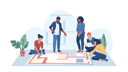 Diverse team collaborating on a floor plan or strategy game brainstorming ideas and planning together