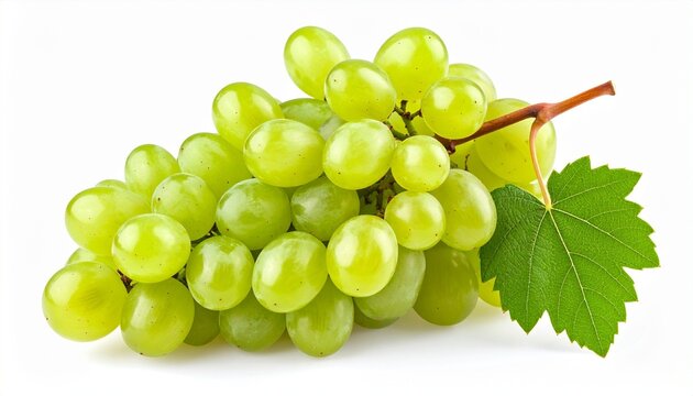 Cluster of fresh green grapes with leaf on white background, botanical and produce symbolism.