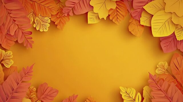 A decorative border of stylized paper-cut autumn leaves in shades of yellow orange and red surrounding a warm yellow central space
