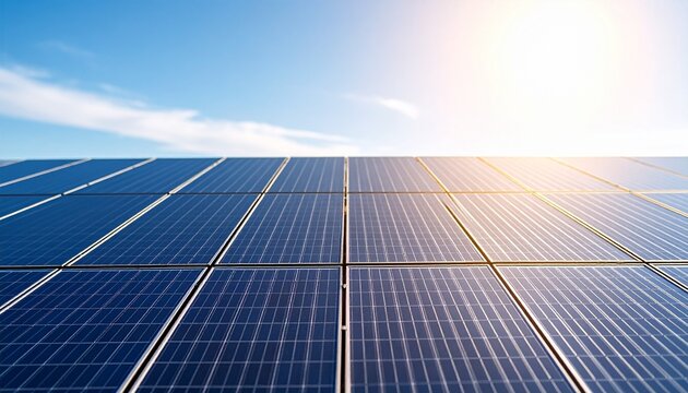 Solar panel array under bright sun and blue sky, clean energy and sustainable technology landscape.