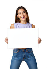 Fototapeta premium Joyful young woman holding a blank sign and smiling