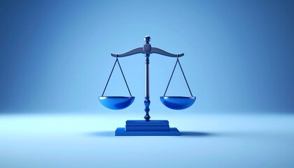 Blue balance scale with two equal pans on gradient light blue background, symbol of fairness and justice.