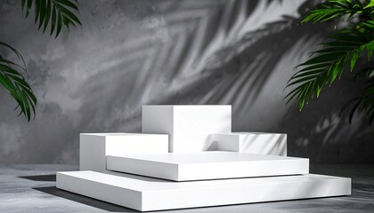 Tiered white rectangular podiums with palm leaf shadows on gray wall, minimalist and nature-framed display.