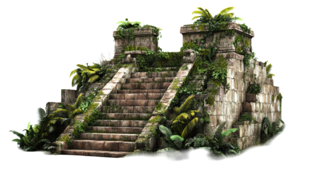 Stone temple ruin surrounded by vegetation
