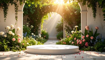 Circular white platform in lush garden with classical columns and climbing flowers, serene event setting.