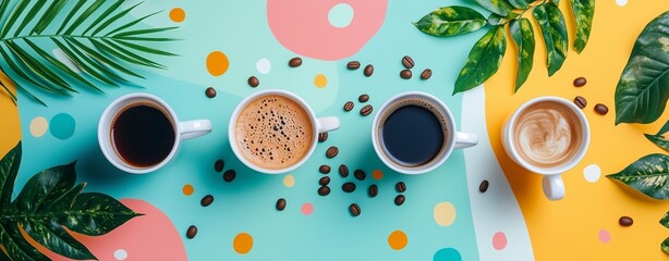 aesthetic coffee flatlay with vector mugs, beans, and plants on colorful tabletop, flat design vector art 