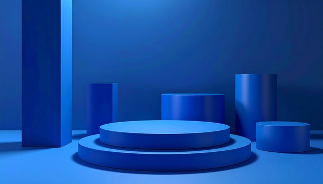 Monochromatic blue 3D podium scene with layered circular platform and geometric shapes, minimalist and abstract. - Powered by Adobe