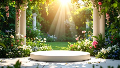 Circular white platform in lush garden with classical columns and climbing flowers, serene event setting.