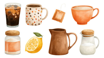 Colorful Collection of Artistic Beverage and Food Items Isolated on Transparent Background