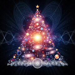 Futuristic, surreal Christmas Tree formed by stars and galaxies, symbolizing the cosmic celebration of light and connection.eps