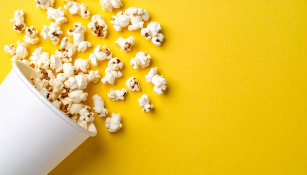 White paper cup spills popcorn on bright yellow surface, playful and bold snack composition.