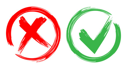 Tick and cross brush signs,green check mark ok and red x icons