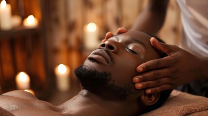 A young Black man receives a relaxing facial massage in a serene spa environment. Soft candlelight creates a calming atmosphere.