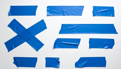 Blue tape strips arranged on white surface, featuring a prominent X shape and varied textures.
