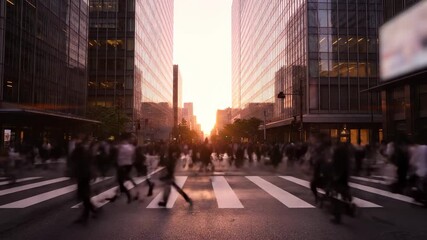 Person crossing city crosswalk at sunset. Pedestrian and commuter flow creates busy crowd silhouette. Urban commute captures motion blur and evening light. Street lined with tower glass. Neutral clip.