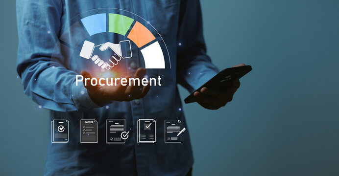 Businessman standing using mobile device with digital procurement icon, representing supply chain management, contract automation, vendor relationship, and smart purchasing process technology