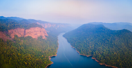 Sharavati river valley aerial panoramic view in India